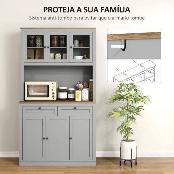 Armário de Cozinha com 3 Portas de Vidro Compartimento Aberto 2 Gavetas e Prateleiras Ajustáveis 100x40x180 cm Cinzento