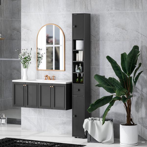 Coluna Casa de Banho Estreita com 1 Gaveta 4 Prateleiras Abertas e Prateleiras Ajustáveis 20x20x180 cm Preto