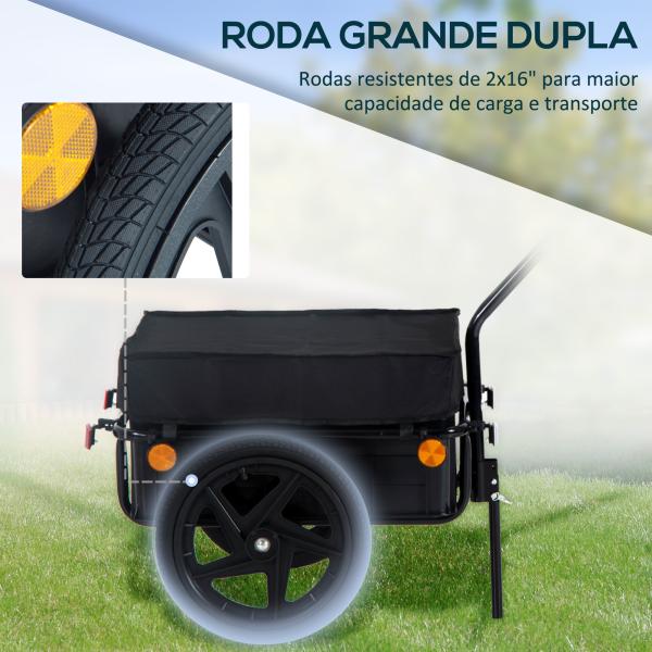 Reboque de Bicicleta para Carrinho de Carga 40kg com Capa em Tecido Oxford Refletores Estrutura em Aço e Alças para Bagagem 144x59x80 cm Preto