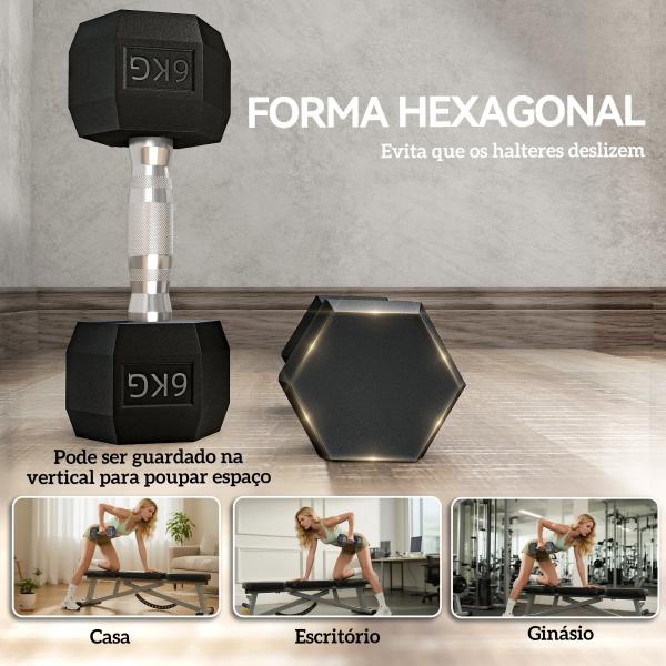 Conjunto de Halteres 12 kg com Barra Metálica e Cabeça Hexagonal para Treino em Casa Ginásio 28,8x11,5 cm Preto e Prata