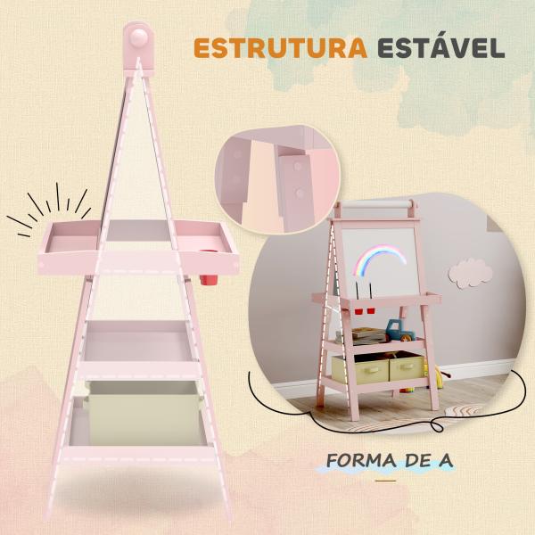 Cavalete de Pintura Infantil 3 em 1 Quadro Dupla Face com Rolo de Papel e Cestos de Arrumação Rosa