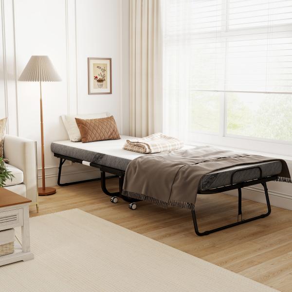 Cama Dobrável 200x90x42,5cm Cama de Campismo Portátil com Colchão Individual Rodas e Freios Carga Máxima 150kg para Dormitórios Branco