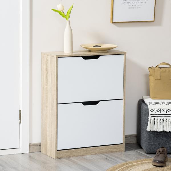 Armário para Sapatos Sapateira de Madeira com 2 Portas Abatíveis 4 Prateleiras de Armazenamento Capacidade 8 Pares de Sapatos para Entrada Corredor Dormitório 62,5x26x81cm Branco e Natural