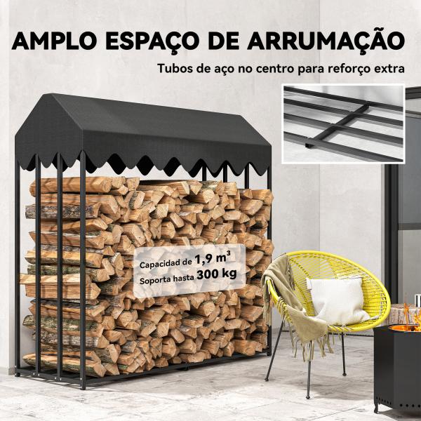 Suporte de Lenha Metálico para Exterior com Cobertura Impermeável, 186x70x185 cm, Preto
