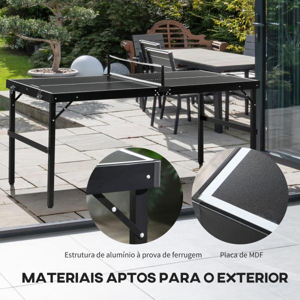 Mesa de Ping Pong Dobrável com Estrutura de Alumínio Portátil para Interior e Exterior 152x76x72 cm Preto