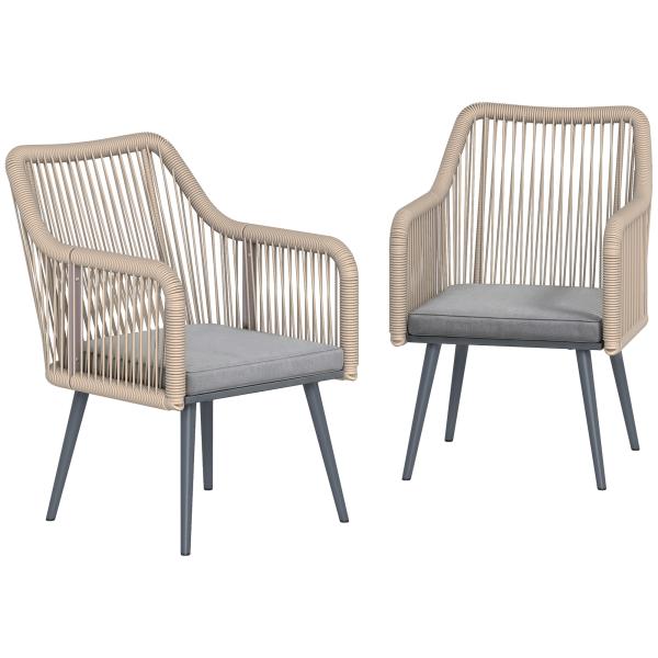 Conjunto de 2 Cadeiras de Jardim Exterior em Vime com Almofadas Apoios de Braço e Estrutura de Aço 54x65x80 cm Cinza
