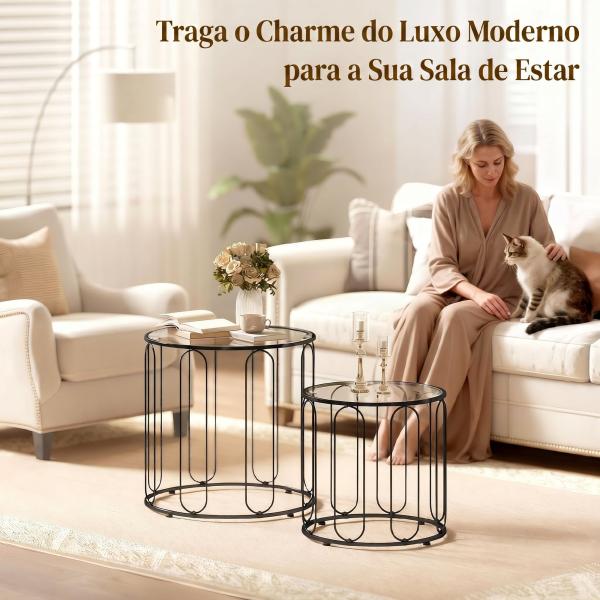 Conjunto de 2 Mesas de Apoio Tipo Ninho com Estrutura em Metal e Tampo de Vidro Ø50x50 cm e Ø40x40 cm Preto