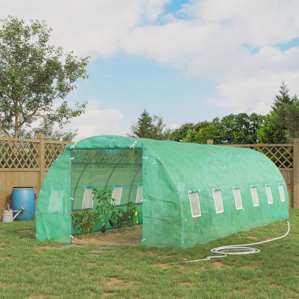 Estufa tipo Túnel 8x3x2m Aço e PE 140 g/m² Estufa para Cultivo de Plantas Tomates Verduras com 12 Janelas e Porta Enroláveis Verde