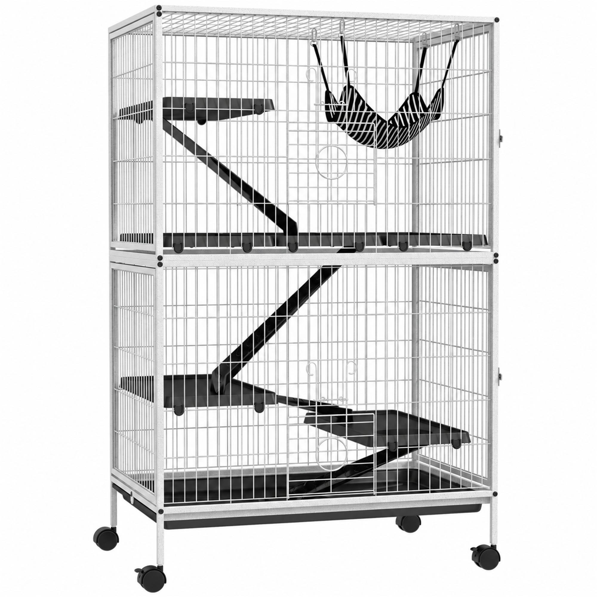 Gaiola para Roedores 80x52x128 cm Casa de 4 Alturas com Rampas Suspensa Rede Bandeja Removível Rodas Branco Rajado e Preto