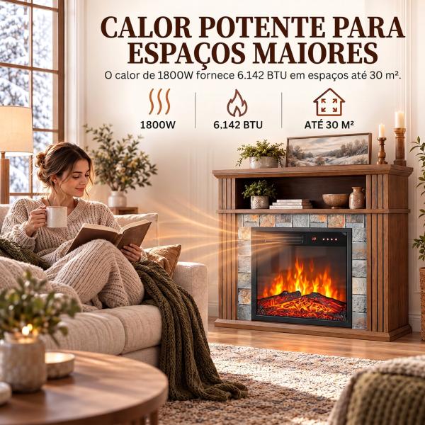 Lareira Elétrica Decorativa 1800W com Prateleira, Efeito Chama, 5 Níveis de Brilho, Termóstato, Temporizador e Comando, Castanha