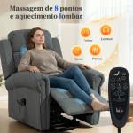 Poltrona Relax Reclinável Elétrica Elevatória com Massagem Vibratória e Calor, Comando à Distância, Cinzento
