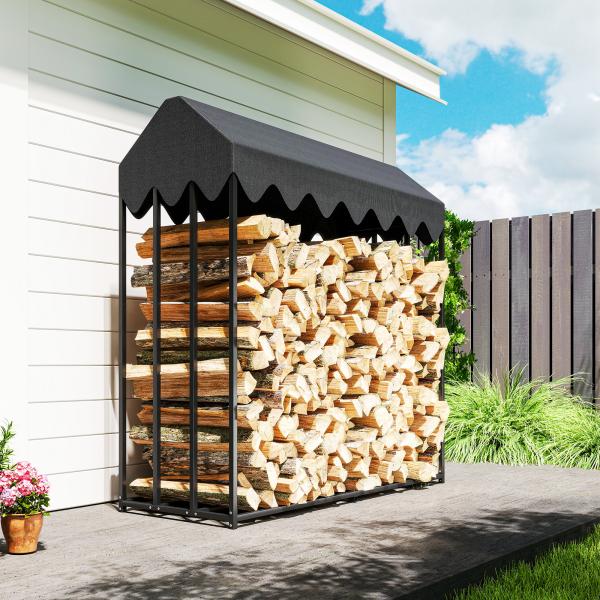 Suporte de Lenha Metálico para Exterior com Cobertura Impermeável, 186x70x185 cm, Preto