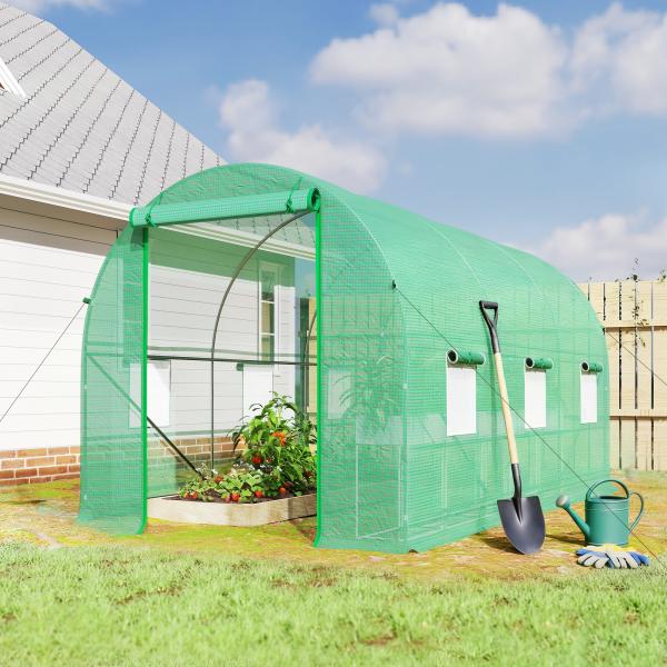 Estufa Tipo Túnel 400x200x200cm Estufa de Túnel com Portas Enroláveis e 6 Janelas Cobertura de PE 140 g/m² Estrutura de Metal para Cultivo de Plantas Verduras Verde