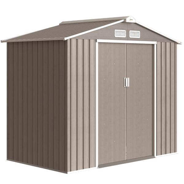 Abrigo de Jardim 213x130x185 cm Abrigo de Jardim Metálico de Exterior com 2 Portas Deslizantes e 4 Janelas Madeira