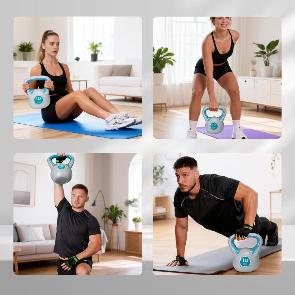 Kettlebell 10kg Peso Russo com Revestimento de PU e Enchimento de Areia para Treinamento 22x16x26cm Azul e Cinza