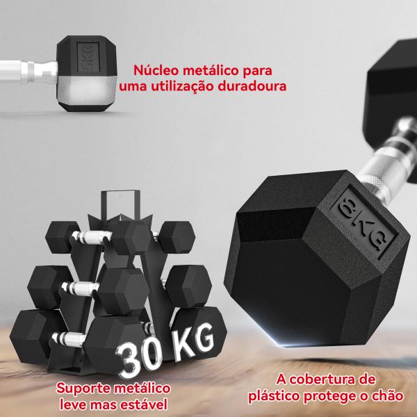 Conjunto de Halteres 6 Peças 2 x 2 kg 2 x 5 kg 2 x 8 kg com Revestimento em Borracha Antideslizante e Suporte Preto