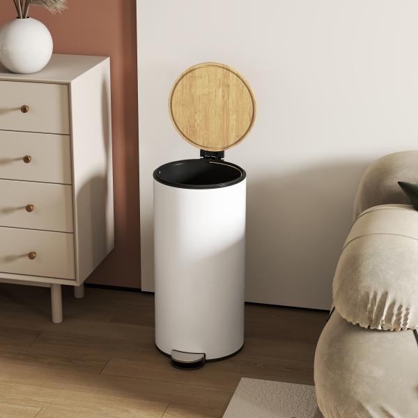 Balde do Lixo para Cozinha com Pedal 30L Cubo de Lixo Metálico com Tampa de Fecho Suave e Balde Removível 36x30x60,5 cm Branco e Madeira