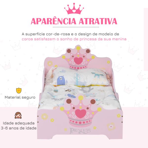 Cama Infantil +3 Anos 143x73x60 cm com Estampado Coroa Carga 50 kg para Quarto Rosa