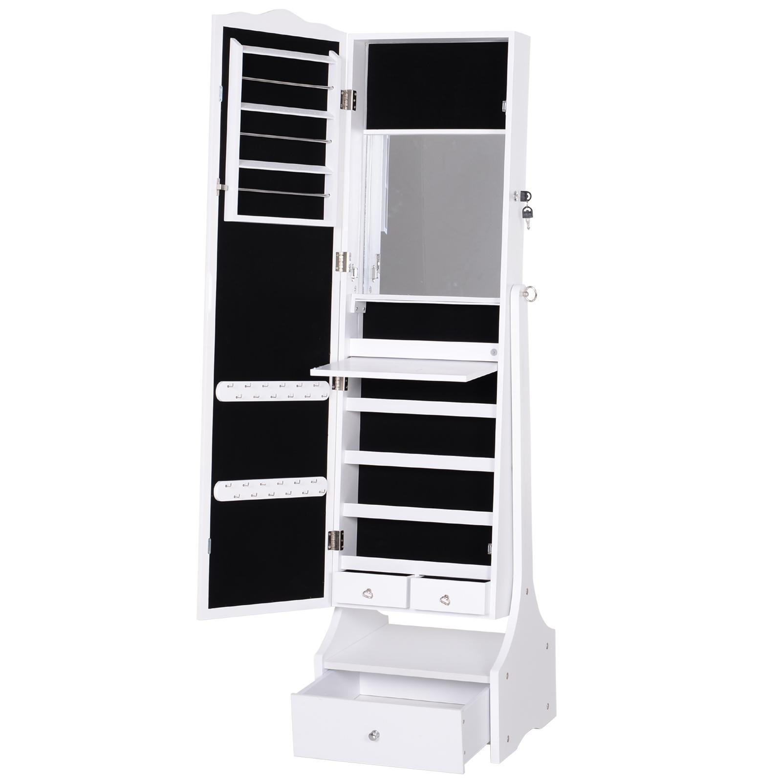 Espelho de joalheiro Armário de joias de pé com luzes LED Gavetas de bloqueio Espelho e dobradiça interior para comédicos 45x36x150cm