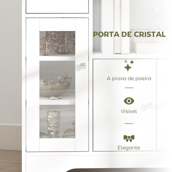Aparador Moderno com Porta de Vidro Gaveta Prateleira Aberta e Prateleiras Ajustáveis Móvel Auxiliar 80x30x82cm Branco