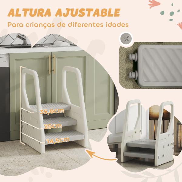 Banco Infantil Ajustável de 2 a 3 Degraus Torre de Aprendizagem Escada para Crianças de 2 - 5 Anos 43x42x65,5 cm Cinza