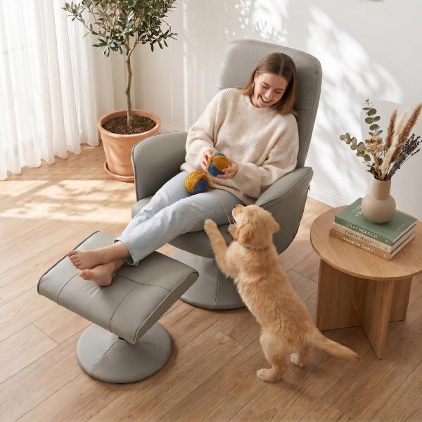 Cadeira Relax Reclinável com Otomana Encosto Alto Giratória 360° Apoios de Braços Bege Cinzento
