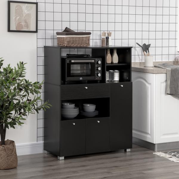 Aparador Auxiliar para Microondas Buffet de Cozinha com 2 Armários com Portas 1 Gaveta e Prateleiras 90x40x120 cm Preto