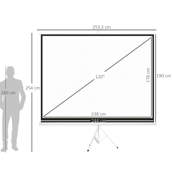 Tela de Projeção Manual com Suporte 120 Polegadas Formato 4:3 com Altura Ajustável 244x183 cm Branco