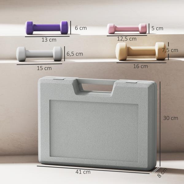 Conjunto de Halteres de 8 Peças 2x0,5 kg 2x1 kg 2x1,5 kg 2x2 kg Antiderrapantes com Mala de Transporte Multicoloridos