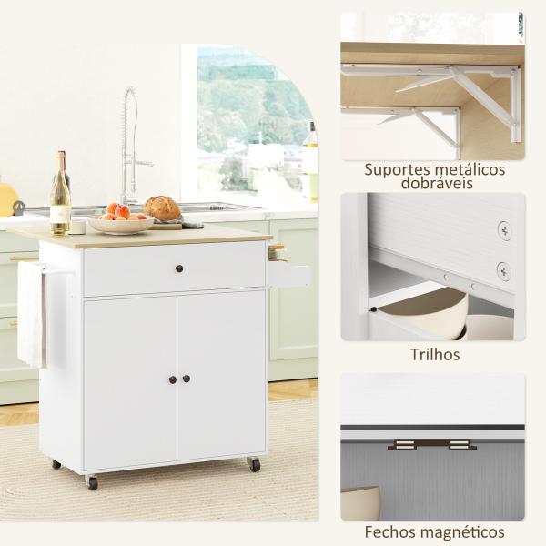 Ilha de Cozinha com Rodas com Lateral Dobrável Gaveta Suporte para Temperos e Prateleira Ajustável 106x42x87 cm Branco e Carvalho