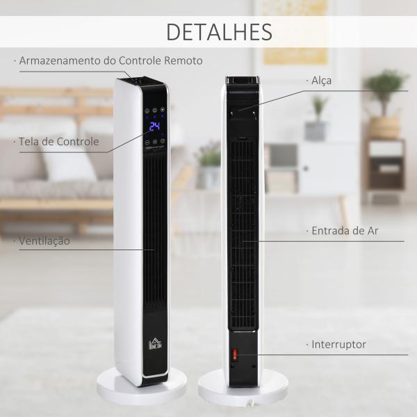 Aquecedor Cerâmico de Torre 1000/2000W com Controle Remoto Tela LED 3 Modos de Aquecimento Termostato Temporizador e Oscilação 65° para 25m² 21x21x73cm Branco