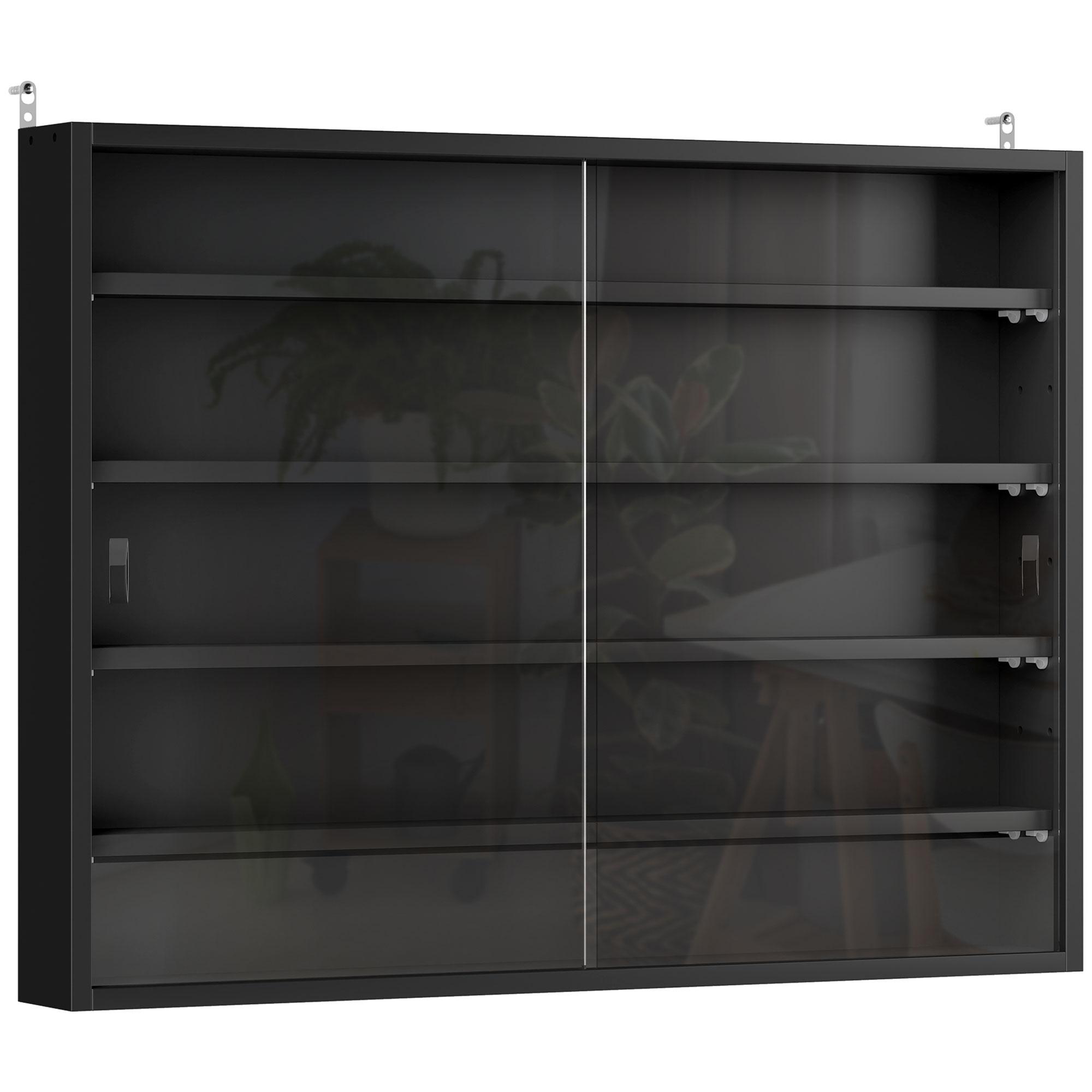 Vitrine de Parede de Madeira com Prateleiras Ajustáveis e 2 Portas Corredeiras de Vidro para Coleções Perfumes 80x9,5x60cm Preto