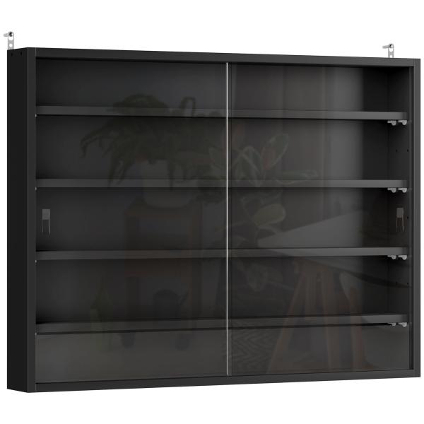 Vitrine de Parede de Madeira com Prateleiras Ajustáveis e 2 Portas Corredeiras de Vidro para Coleções Perfumes 80x9,5x60cm Preto