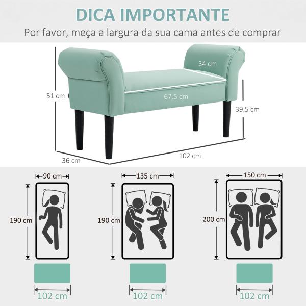 Banco de Pé de Cama Estofado em Linho Sintético com Pés de Madeira Braços e Assento Acolchoado, Verde Claro