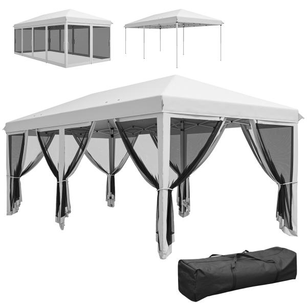 Tenda Dobrável 585x295x270 cm Tenda de Jardim com 6 Mosquiteiros Bolsa de Transporte e Estrutura de Aço Cinza