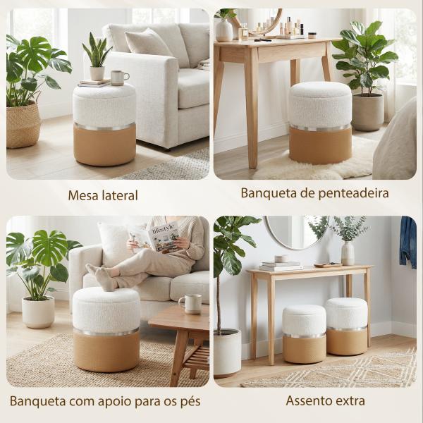 Conjunto de 2 Puffs de Armazenamento Estofados em Chenille e PU Assento Acolchoado para Entrada Quarto ou Sala Castanho e Creme