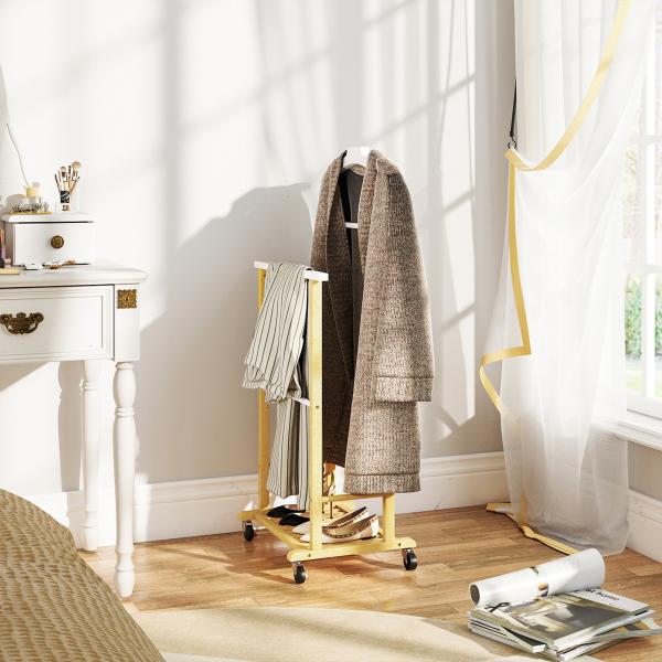 Cabide de Pé de Bambu com Rodas Cabide para Roupas com Barras para Calças e Prateleira Inferior para Sapatos Estilo Nórdico 47x33,7x105,5 cm Madeira e Branco