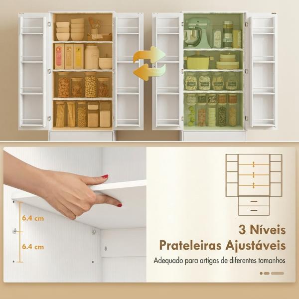 Armário Despenseiro de Cozinha com 2 Portas, 8 Prateleiras na Porta, 2 Gavetas e Prateleiras Ajustáveis, 60x40x159 cm, Branco