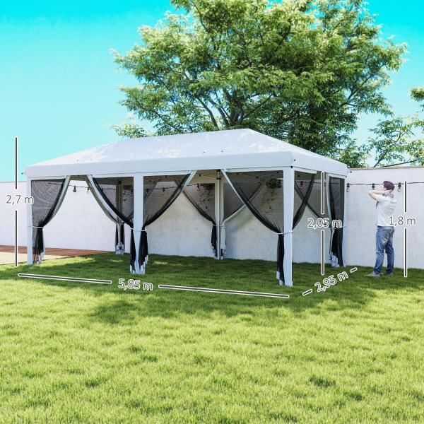 Tenda Dobrável 585x295x270 cm Tenda de Jardim com 6 Mosquiteiros Bolsa de Transporte e Estrutura de Aço Cinza