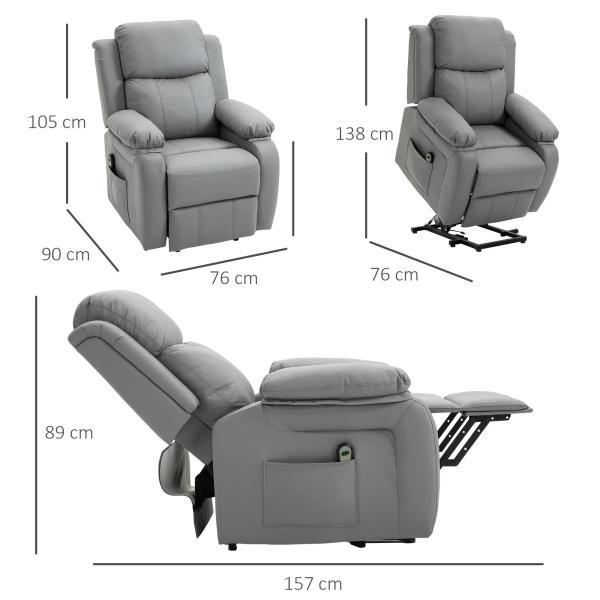 Poltrona Relax Levanta Pessoas com Controle Remoto Reclinação Elétrica de 160° Apoio para os Pés Encosto Estofado em PU e Bolsos Laterais 76x90x105 cm Cinza