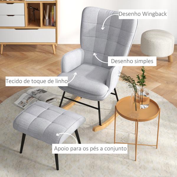 Poltrona Baloiço com Apoio para os Pés Poltrona Relax com Almofada Acolchoada e Anti - Tombo 64x89x90 cm Cinzento
