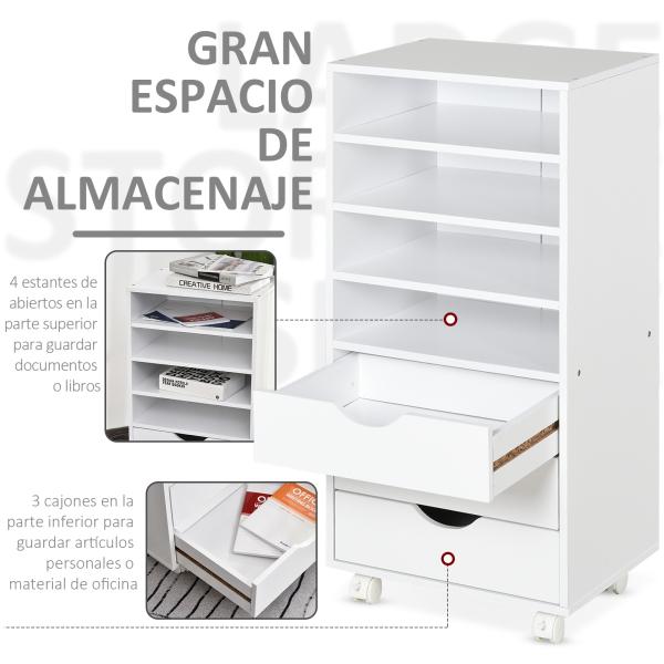 Móveis de escritório com 3 gavetas 4 prateleiras abertas 4 rodas 40x30x83 cm Branco