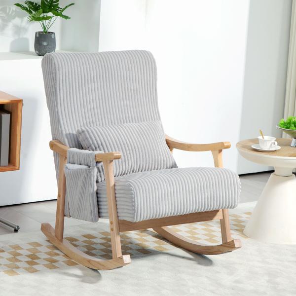 Poltrona Baloiço Moderna em Veludo Cotelê com Apoio para os Braços Almofada Lombar e Bolso Poltrona de Amamentação 65x90x98 cm Cinza