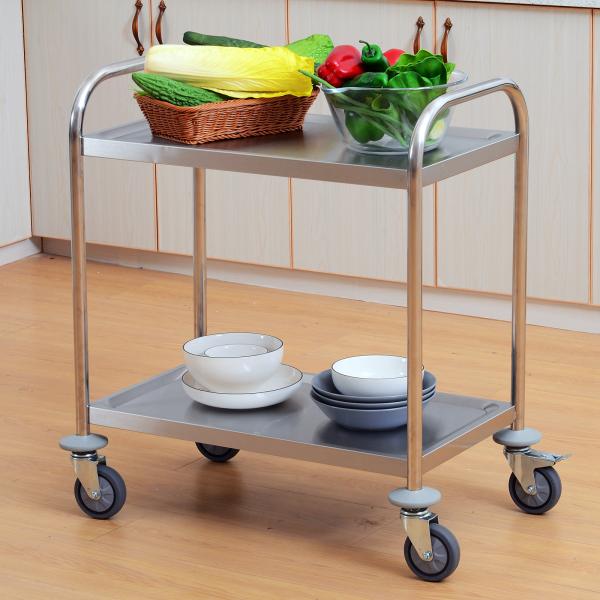 Carrinho Auxiliar com Rodas de Aço Inoxidável Carrinho de Cozinha com 2 Prateleiras e 2 Pegas 70,5x40,5x81 cm Prata