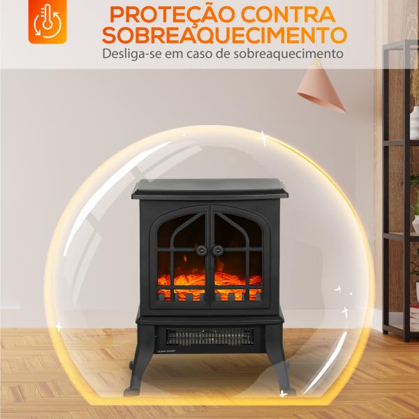 Lareira Elétrica 900/1800W com Efeito Chama 3D 2 Níveis de Potência Termóstato Ajustável para 15 - 30 ㎡ 39x24x48 cm Preto