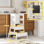 Torre de Aprendizagem para Crianças dos 3 - 6 Anos com Quadro e Grade de Segurança para Cozinha e Casa de Banho 55x52,5x87,5 cm Branco