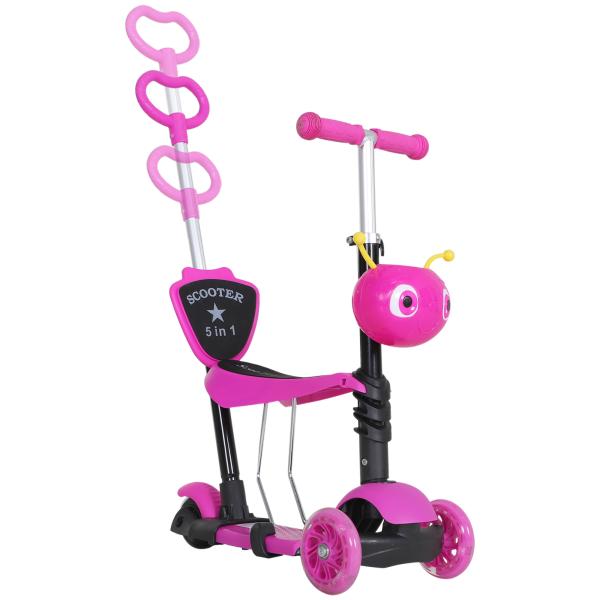 Trotinete 5 em 1 para Crianças com 3 Rodas Assento Removível e Guiador Ajustável Carga Máxima 50 kg 62x25x72,5 cm Rosa