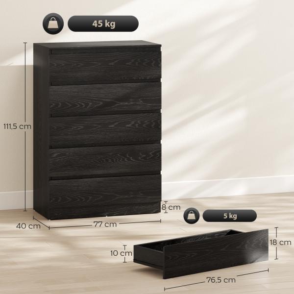 Cómoda 5 Gavetas Cômoda para Quarto Móvel de Arrumação Estilo Moderno 77x40x111,5 cm Preto Veteado