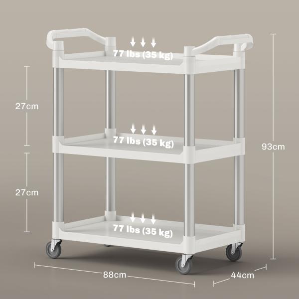 Carrinho Auxiliar com Rodas e 3 Prateleiras Carrinho de Cozinha com Armazenamento Carga 105 kg 88x44x93 cm Branco
