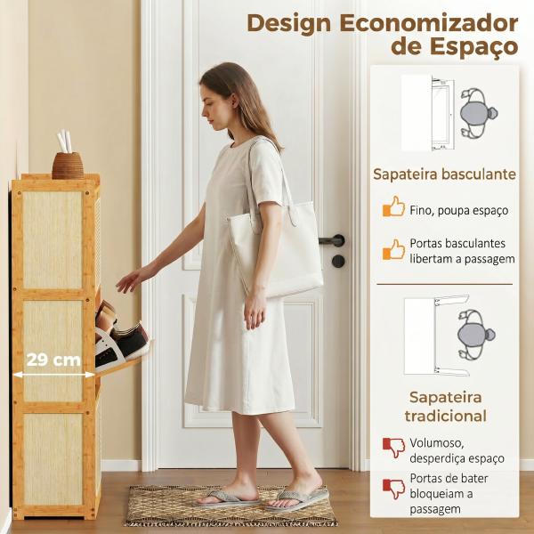 Sapateira com 2 Compartimentos Basculantes Sapateira Estilo Bohemio Estreita com Prateleiras Ajustáveis para 18 - 21 Pares de Sapatos 69x29x119,8 cm Madeira